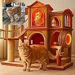An adorable orange tabby cat stands confidently on a wood-patterned floor, surrounded by laundry baskets and household items, looking curiously at the camera with its tail held high.