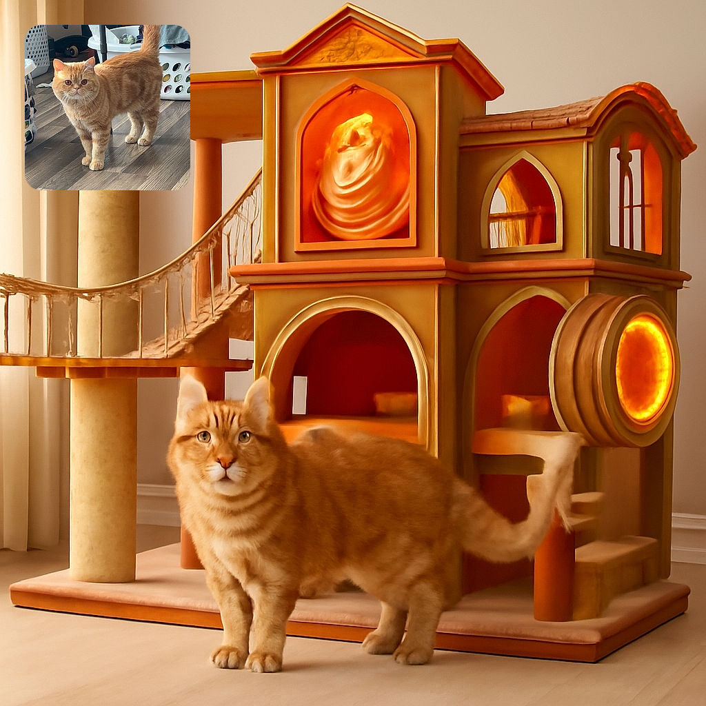 An adorable orange tabby cat stands confidently on a wood-patterned floor, surrounded by laundry baskets and household items, looking curiously at the camera with its tail held high.