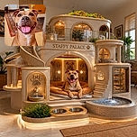 A very happy brown dog sits proudly in the living room, grinning at the camera with a tongue flopped out like a pink party streamer. The cozy room, patterned rug, wooden furniture, and leafy plant make it look as though this cheerful pup is hosting a lifestyle photo shoot.