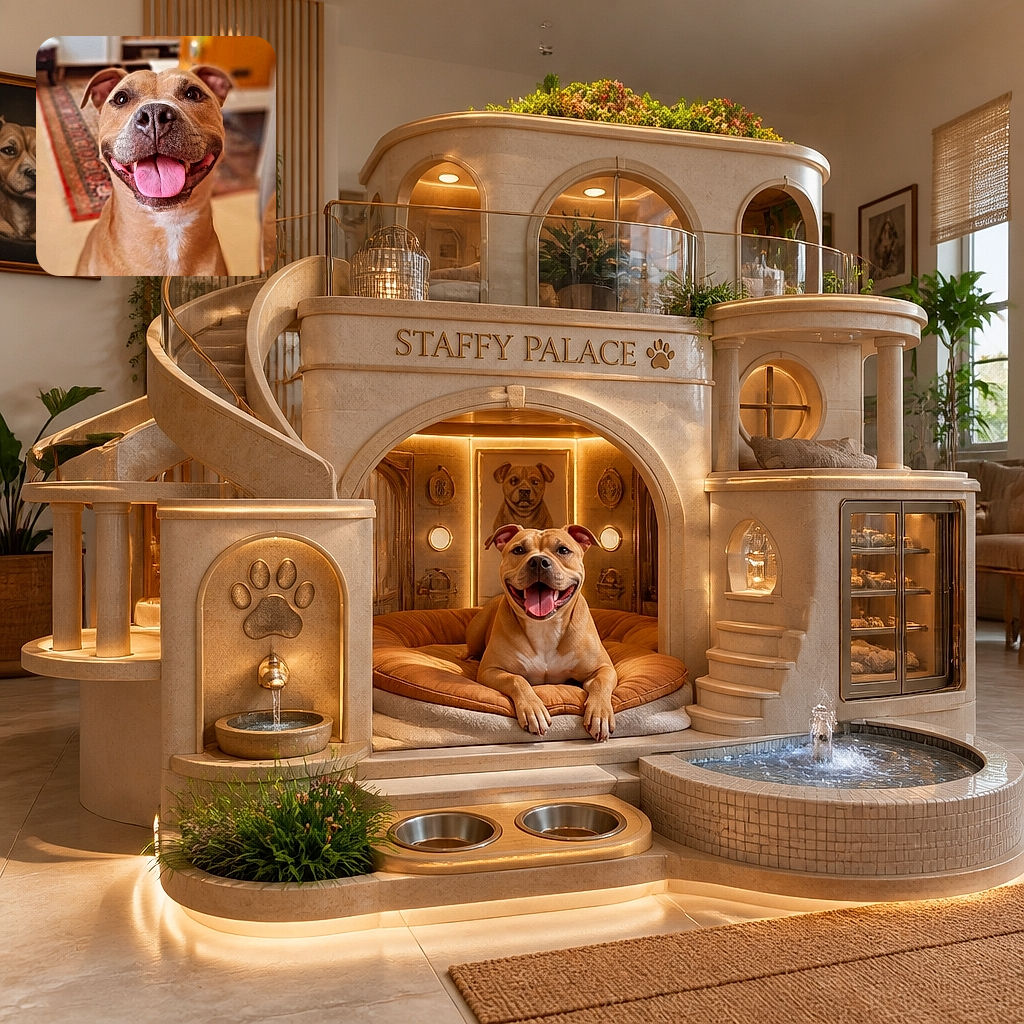 A very happy brown dog sits proudly in the living room, grinning at the camera with a tongue flopped out like a pink party streamer. The cozy room, patterned rug, wooden furniture, and leafy plant make it look as though this cheerful pup is hosting a lifestyle photo shoot.