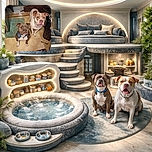 Two attentive dogs, one with a blue collar and the other with a white and brown coat, sit on a worn kitchen floor surrounded by household clutter including a green mat, a spoon, and some scattered items, looking up with hopeful eyes as if waiting for a treat or command.