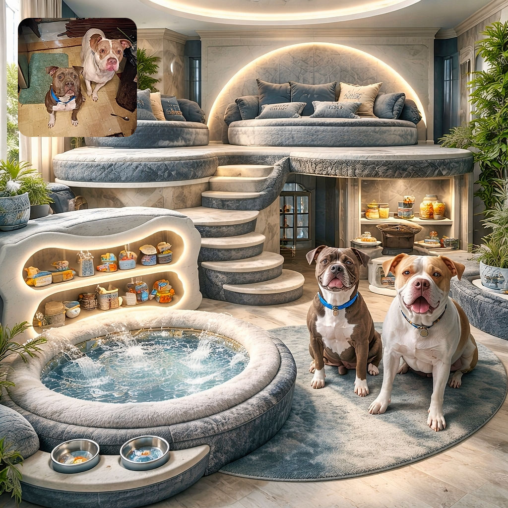 Two attentive dogs, one with a blue collar and the other with a white and brown coat, sit on a worn kitchen floor surrounded by household clutter including a green mat, a spoon, and some scattered items, looking up with hopeful eyes as if waiting for a treat or command.