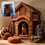 A sturdy brindle dog stands alert in front of a white door, casting a shadow that adds a bit of mystery to the scene. The dog's serious expression contrasts with its colorful collar, making it look like it's guarding the house or plotting its next move.