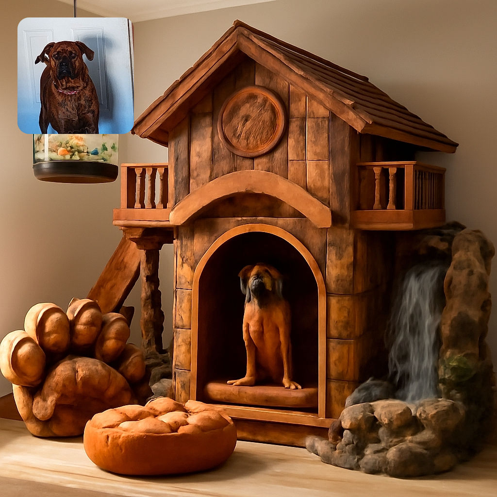 A sturdy brindle dog stands alert in front of a white door, casting a shadow that adds a bit of mystery to the scene. The dog's serious expression contrasts with its colorful collar, making it look like it's guarding the house or plotting its next move.