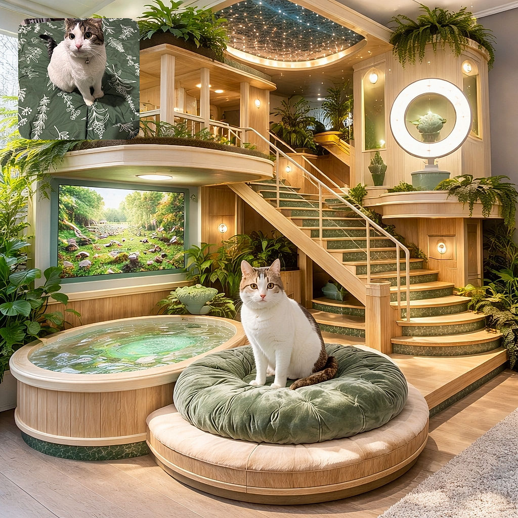 A wide-eyed tuxedo-tabby cat sits primly on a green floral comforter, bell jangling on its collar and whiskers on full alert — looks like it just heard the treat bag. Background shows a bedroom corner with a laundry basket and subtle clutter, while the cat steals the spotlight with a perfect head tilt and adorable stare.