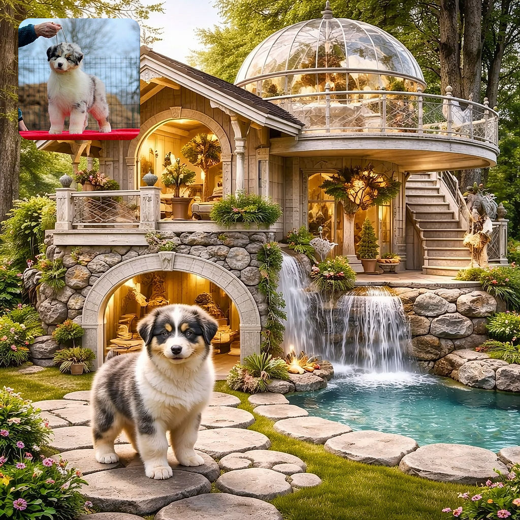 A fluffy blue-merle puppy stands on a red table like a tiny, serious show dog while a handler holds the lead — solemn face, plush coat and paws planted firmly as if judging the world with adorable disapproval.