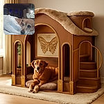 A cozy indoor scene featuring a brown dog resting on a fluffy white blanket in the foreground, looking thoughtfully to the side. In the background, a person in a white robe sits in a recliner chair, appearing relaxed and contemplative with a hand on their face. The dimly lit room adds a calm, intimate atmosphere.