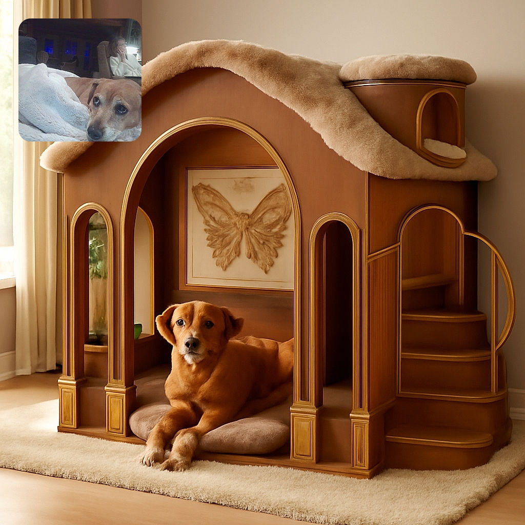 A cozy indoor scene featuring a brown dog resting on a fluffy white blanket in the foreground, looking thoughtfully to the side. In the background, a person in a white robe sits in a recliner chair, appearing relaxed and contemplative with a hand on their face. The dimly lit room adds a calm, intimate atmosphere.