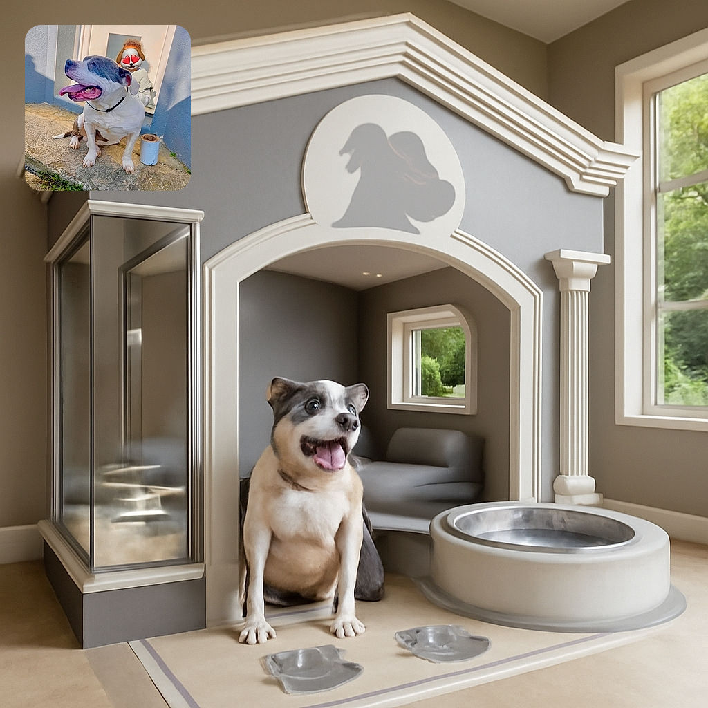 A happy dog with its tongue out sits proudly on a sunlit concrete step, while a child behind it peeks out with a playful dog face emoji covering their face, adding a humorous twist to this warm outdoor moment.