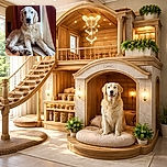 A majestic golden retriever lounges like a furry monarch on the windowsill, soaking up the light with a soulful stare and oversized paws draped like royal scepters. Curtains provide dramatic theater, while the dog offers quiet dignity and mild judgment for your camera skills.