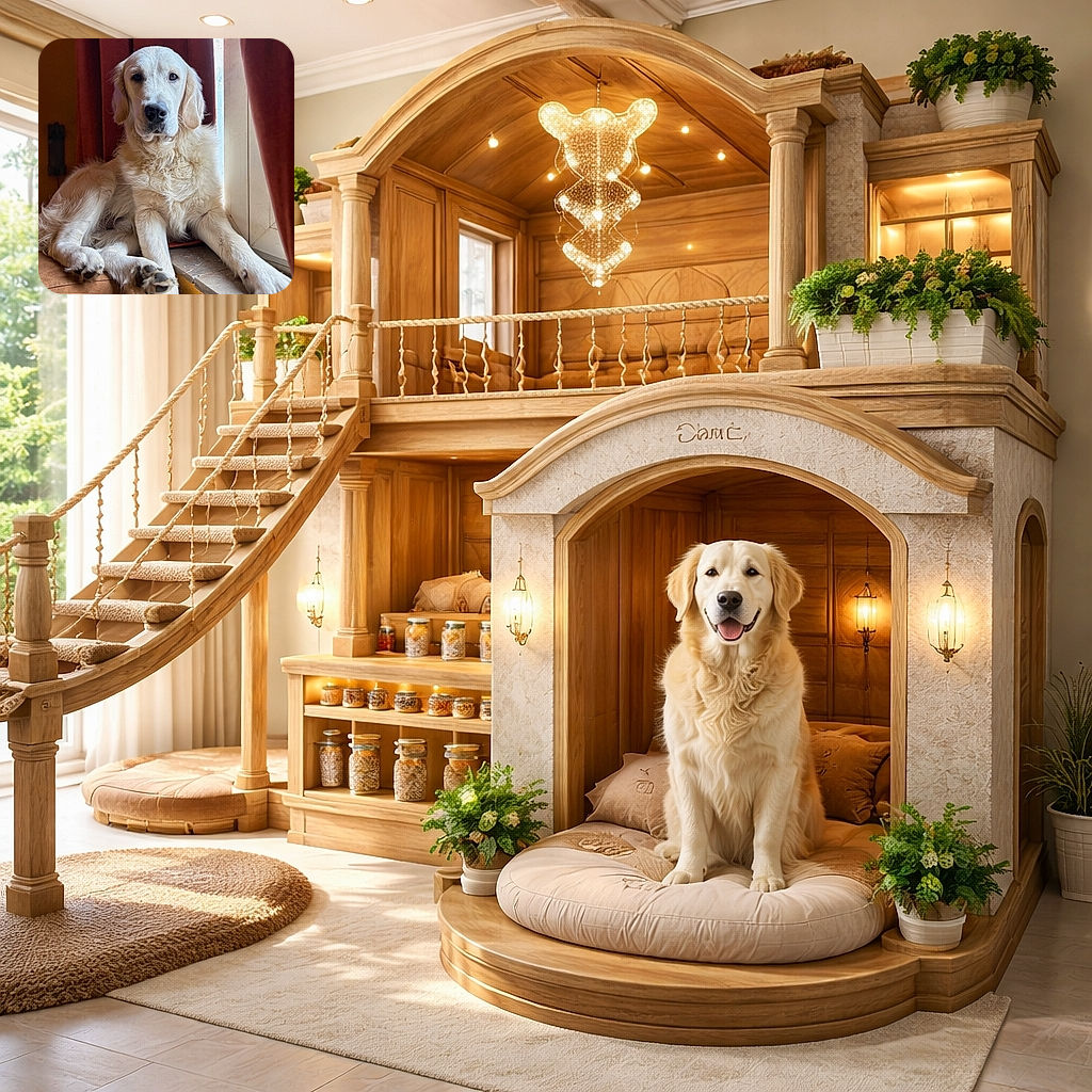 A majestic golden retriever lounges like a furry monarch on the windowsill, soaking up the light with a soulful stare and oversized paws draped like royal scepters. Curtains provide dramatic theater, while the dog offers quiet dignity and mild judgment for your camera skills.