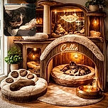 A cozy tortoiseshell cat is curled up and snoozing peacefully on a cushioned chair, with soft lighting that gives a warm and homely vibe despite the slight blur.