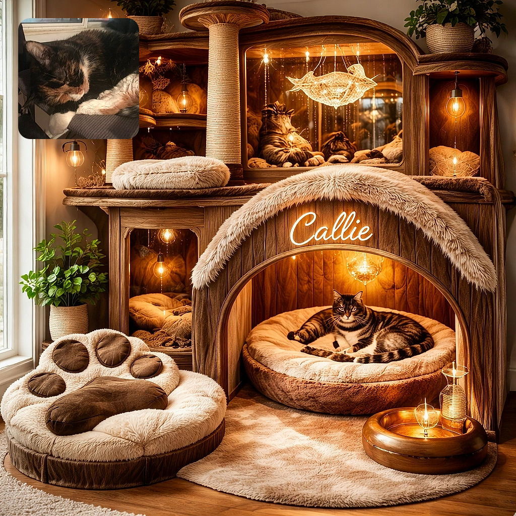 A cozy tortoiseshell cat is curled up and snoozing peacefully on a cushioned chair, with soft lighting that gives a warm and homely vibe despite the slight blur.