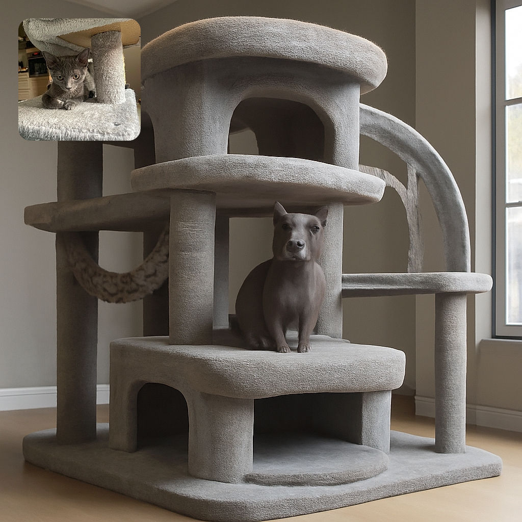 A curious gray kitten lounges on a soft, fuzzy cat tree platform, peeking out with alert eyes and delicate paws tucked beneath its body, basking in warm indoor light with a cozy kitchen background.