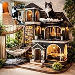 A fluffy black and white cat sits regally on the back of a wooden chair in a cozy kitchen, looking attentively upward as if plotting its next adventure or simply admiring the ceiling light. The background shows a typical home kitchen with a refrigerator, stove, and pantry, adding a warm, lived-in vibe to the scene.