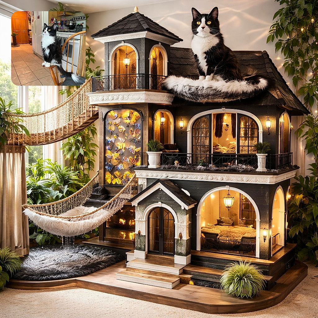 A fluffy black and white cat sits regally on the back of a wooden chair in a cozy kitchen, looking attentively upward as if plotting its next adventure or simply admiring the ceiling light. The background shows a typical home kitchen with a refrigerator, stove, and pantry, adding a warm, lived-in vibe to the scene.