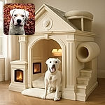 A striking close-up of a white dog with soulful eyes, sitting attentively on a bed of colorful fallen leaves, looking like it's ready to pose for its autumn-themed portrait.