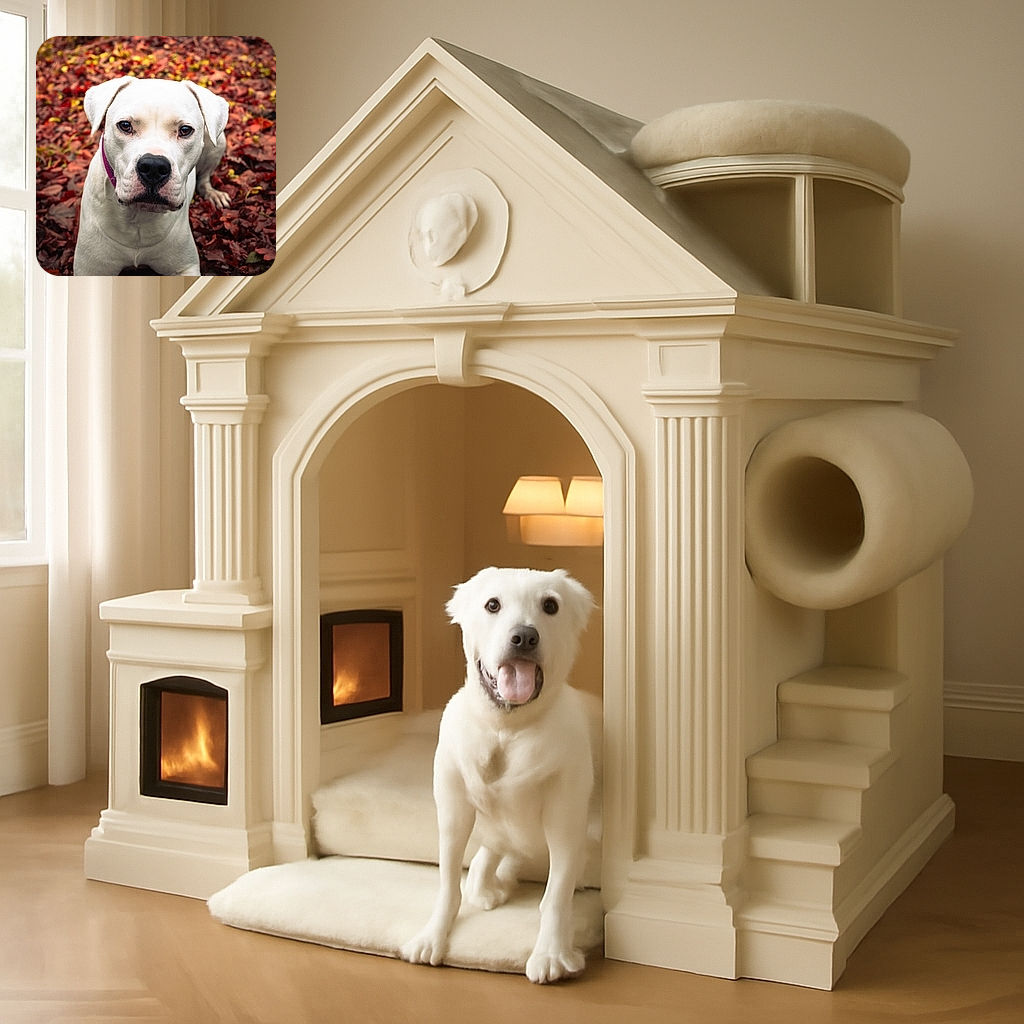 A striking close-up of a white dog with soulful eyes, sitting attentively on a bed of colorful fallen leaves, looking like it's ready to pose for its autumn-themed portrait.