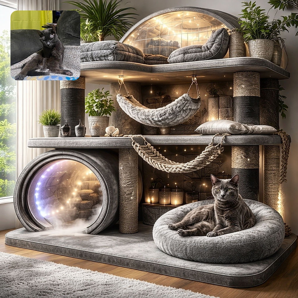 A sleek gray cat is sitting in a very human-like posture on a cozy blanket-covered couch, looking slightly unimpressed or contemplative, with a bright yellow curtain in the background adding a pop of color.