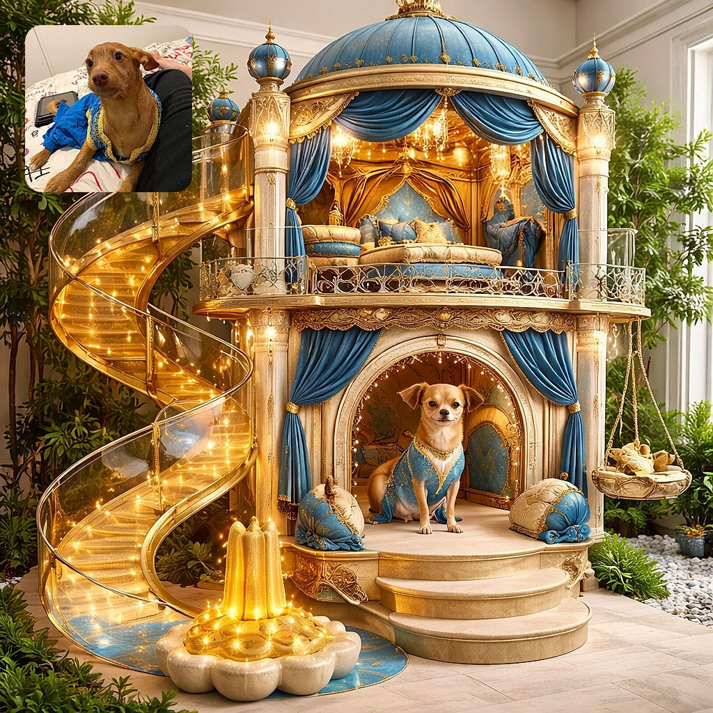 A small brown dog dressed in a fancy blue and gold outfit lounges on a bed with patterned sheets, looking curiously at something off-camera. The dog's big eyes and slightly tilted ears add to its adorable and regal appearance, while a tablet lies nearby, hinting at a relaxed indoor setting.