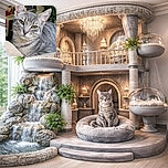 A charming gray tabby cat lounges on a beige couch, gazing intently with its striking green eyes. The cozy indoor setting is decorated with autumn leaves and houseplants, giving a warm and homey vibe.