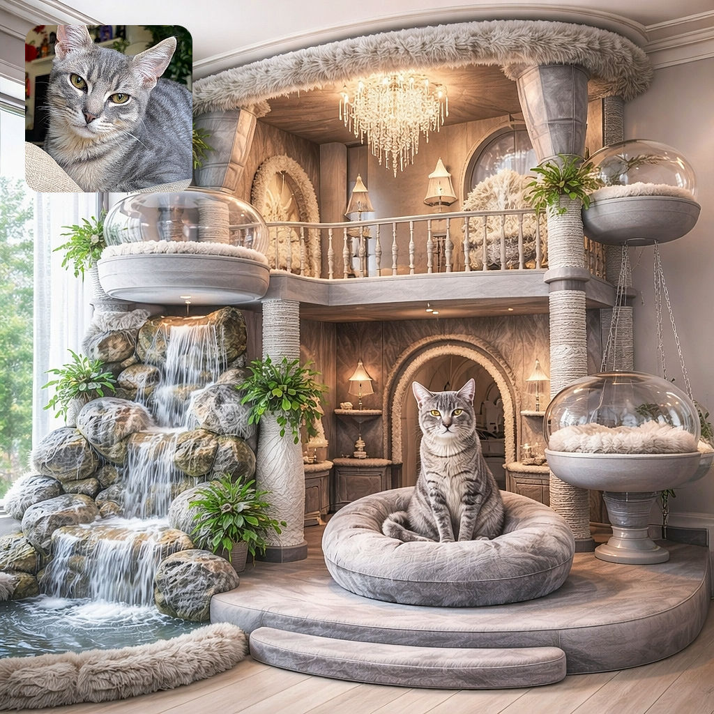 A charming gray tabby cat lounges on a beige couch, gazing intently with its striking green eyes. The cozy indoor setting is decorated with autumn leaves and houseplants, giving a warm and homey vibe.