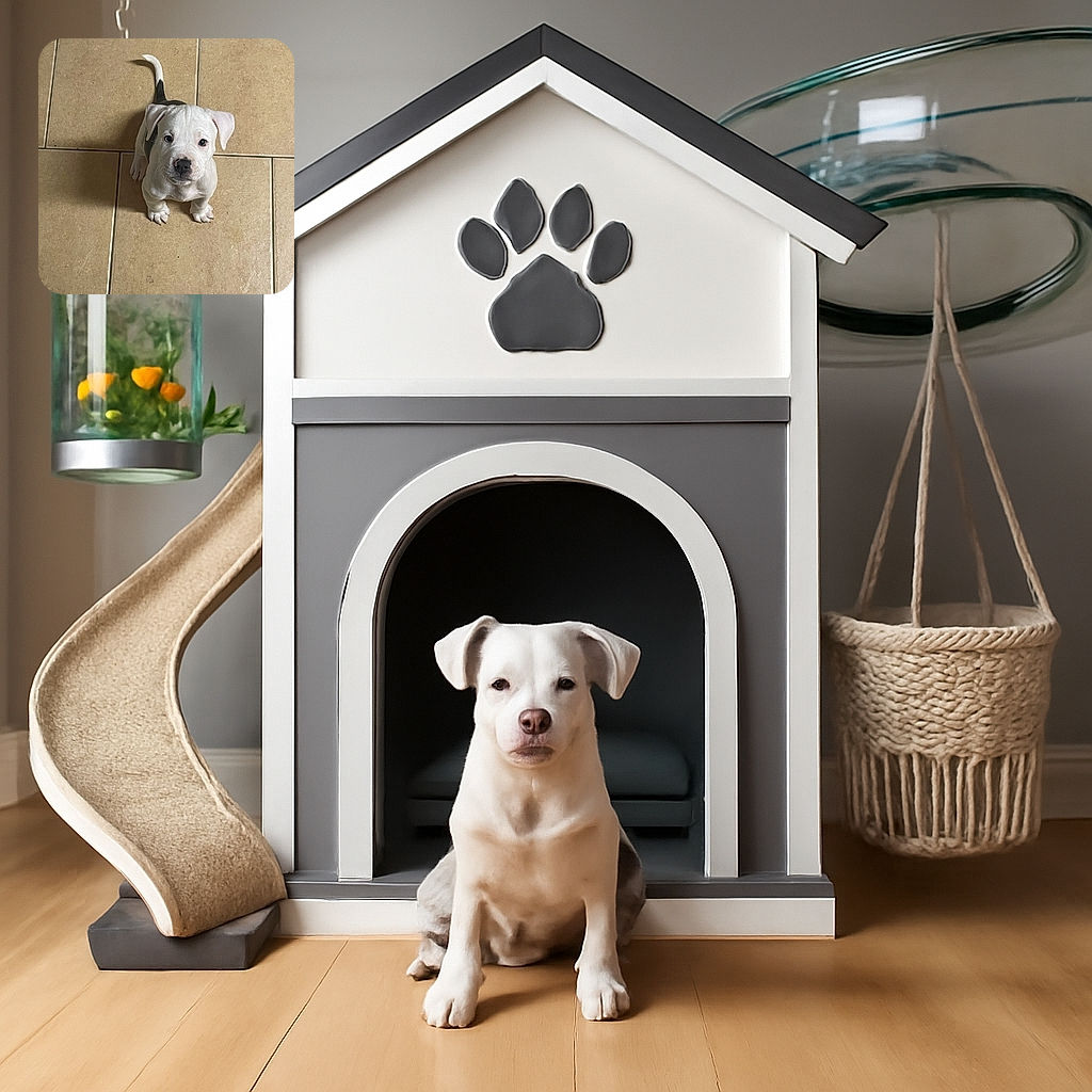 A cute little puppy with a white and black coat looks up adorably on a tiled floor, its tail curled up and ears flopped down, ready to melt hearts with those big, innocent eyes.