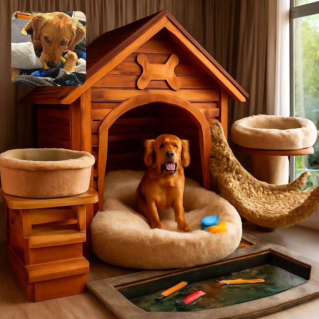 A golden retriever puppy is intensely chewing on a plush toy, surrounded by cozy blankets in a warm indoor setting. The close-up shot captures the puppy's expressive eyes and soft fur, making it an adorable and heartwarming moment.