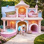 A happy little dog wearing a cute pink and blue tutu outfit stands proudly on a clean sidewalk with a lush green hedge backdrop, looking like it's ready for a fashion show or a walk in the park.