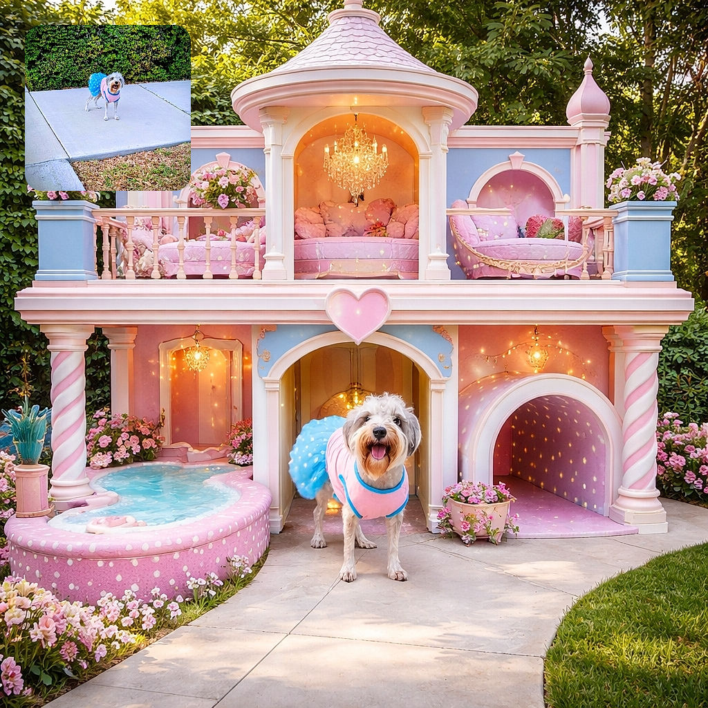 A happy little dog wearing a cute pink and blue tutu outfit stands proudly on a clean sidewalk with a lush green hedge backdrop, looking like it's ready for a fashion show or a walk in the park.