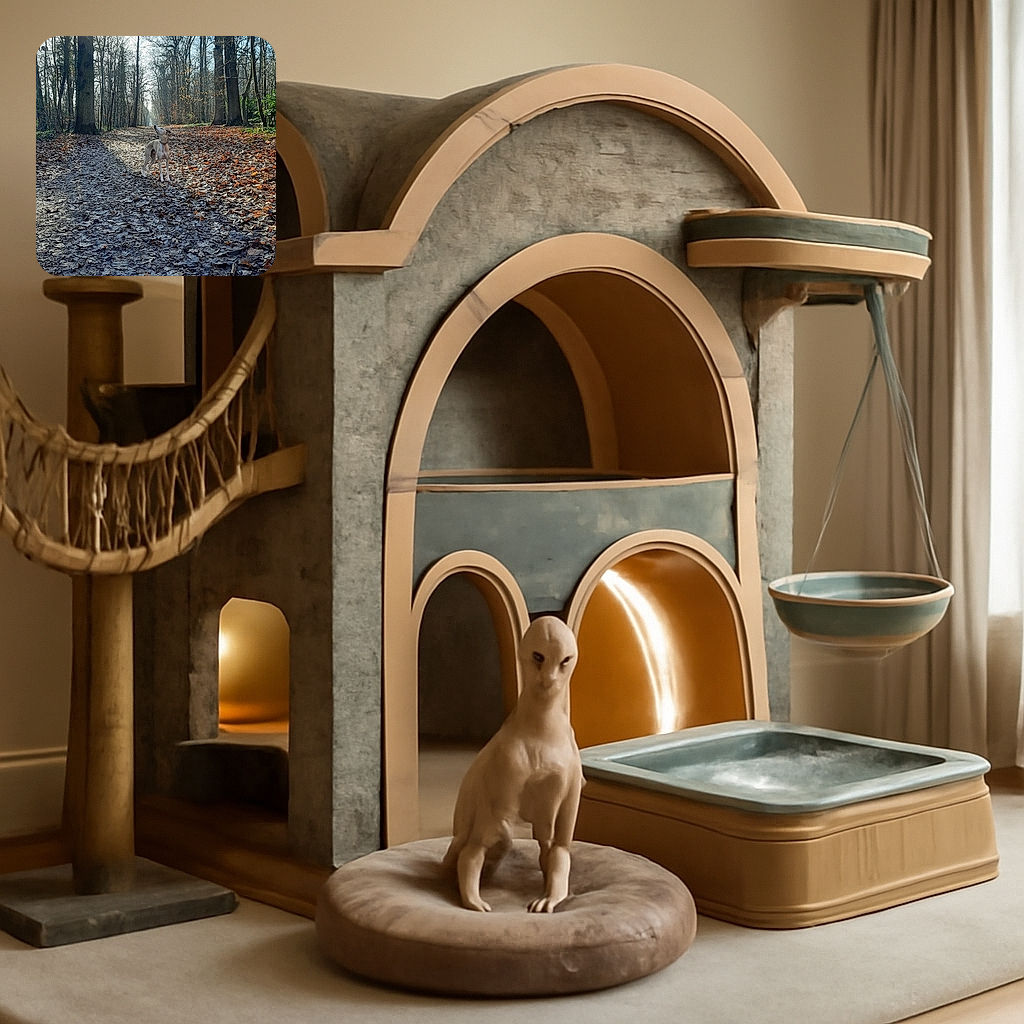 A slender dog stands on a leaf-covered forest path, looking curiously upward towards the bright sunlight filtering through bare trees, creating a serene and peaceful autumn or winter woodland scene.