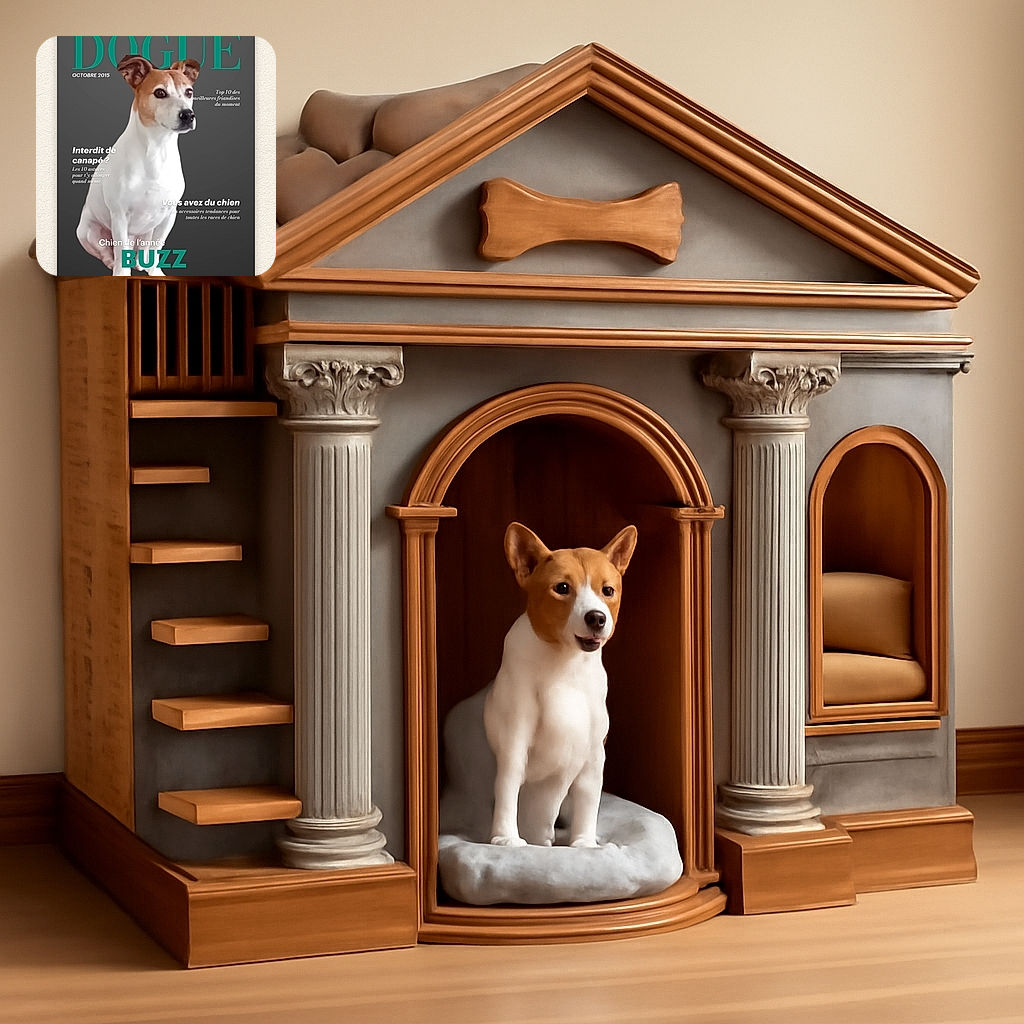 A magazine cover featuring a cute dog named Buzz posing against a plain gray background with various French text overlays promoting dog-related content, including tips and accessories.