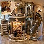 A tiny shaggy dog stands at the doorway, gazing upward like a fluffy security guard demanding entry to the VIP lounge. The warm indoor lighting, patterned doormat, wooden tiles, and half-open door create a cozy everyday snapshot.