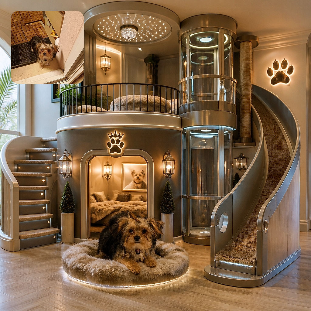 A tiny shaggy dog stands at the doorway, gazing upward like a fluffy security guard demanding entry to the VIP lounge. The warm indoor lighting, patterned doormat, wooden tiles, and half-open door create a cozy everyday snapshot.