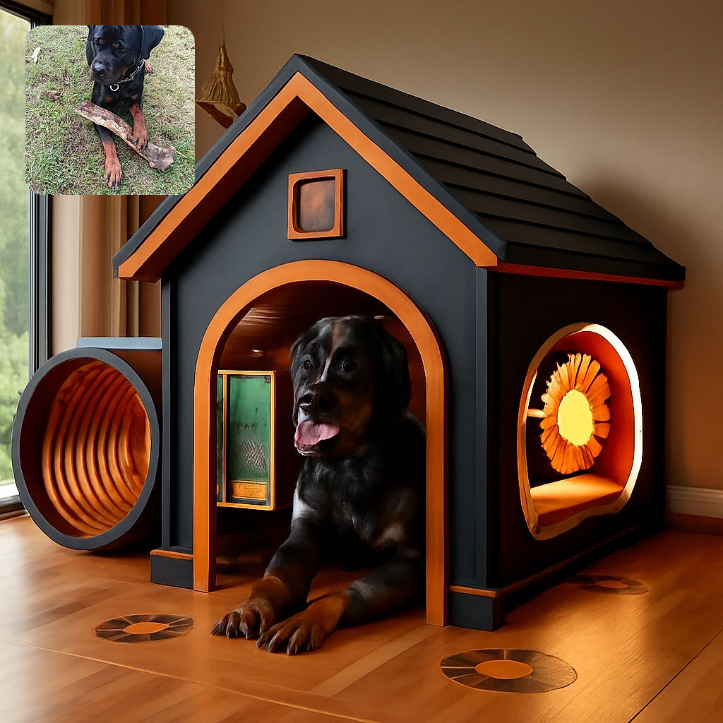 A serious-looking Rottweiler is lying on the grass with a large stick clutched between its paws, contemplating the mysteries of the universe or maybe just the next chew session.