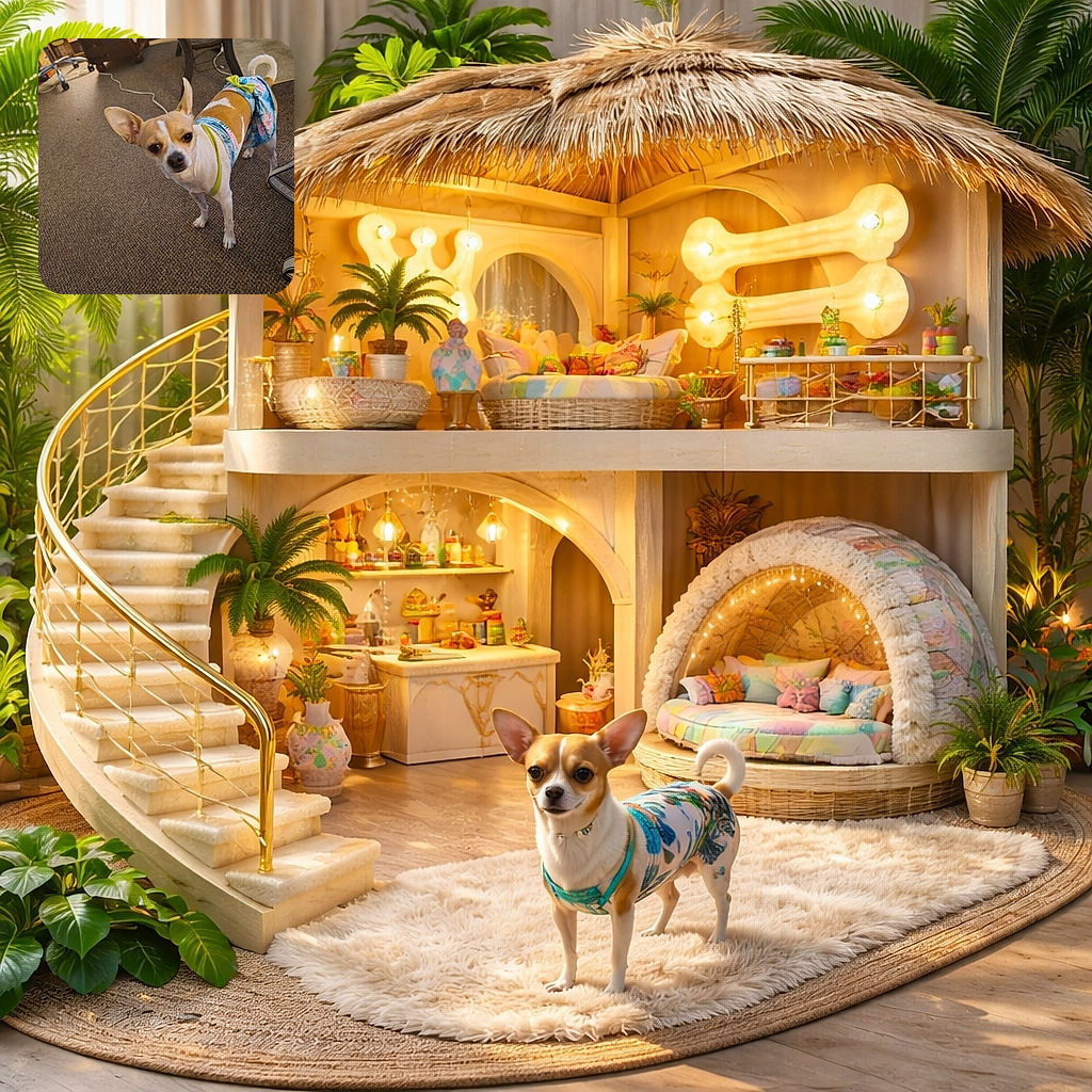 A tiny chihuahua in a tropical-print dress and bow gives the camera a serious side-eye while standing on a cozy carpet — ears at full alert, one paw ready to make a dramatic exit. Background shows a comfy living room with a wicker table, plant pot and a snaking power cord, making this domestic runway look delightfully low-key.