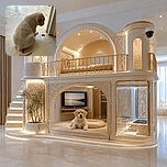 A fluffy white puppy sits thoughtfully by the doorway, gazing at a tiny floor surprise as if it has just discovered the world’s least impressive treasure. Its curled tail adds a charming comma to this quiet tiled-floor scene.
