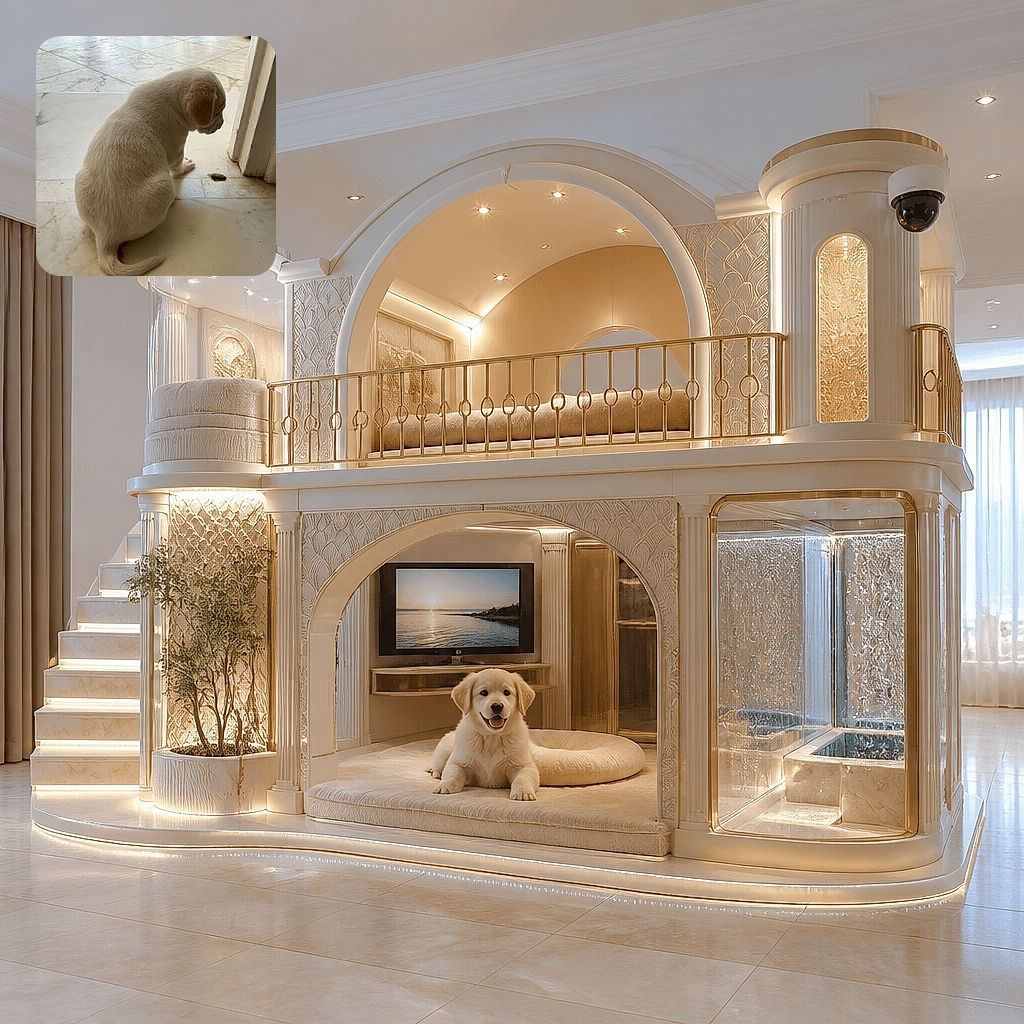 A fluffy white puppy sits thoughtfully by the doorway, gazing at a tiny floor surprise as if it has just discovered the world’s least impressive treasure. Its curled tail adds a charming comma to this quiet tiled-floor scene.