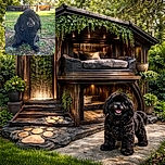 A fluffy black dog sits on the grass in a backyard setting, looking curiously at the camera with a slight underbite showing its teeth, surrounded by greenery and rustic wooden structures in the background.
