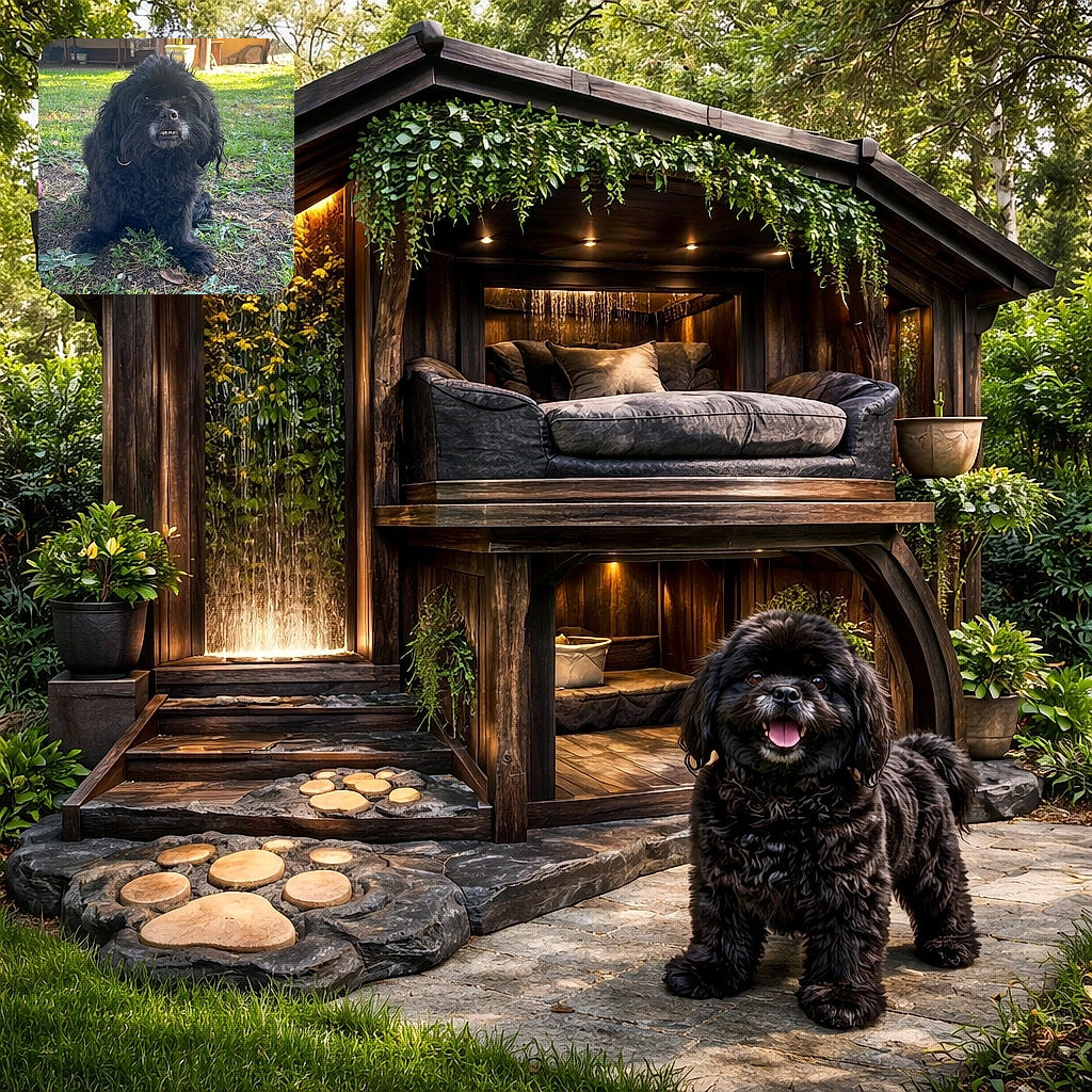 A fluffy black dog sits on the grass in a backyard setting, looking curiously at the camera with a slight underbite showing its teeth, surrounded by greenery and rustic wooden structures in the background.
