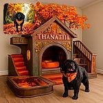 A charming black dog wearing a festive orange Thanksgiving bandana stands amidst a vibrant autumn forest path blanketed with colorful fallen leaves, basking in the warm glow of golden sunlight filtering through the trees.