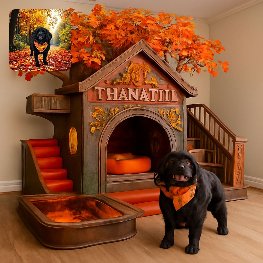 A charming black dog wearing a festive orange Thanksgiving bandana stands amidst a vibrant autumn forest path blanketed with colorful fallen leaves, basking in the warm glow of golden sunlight filtering through the trees.