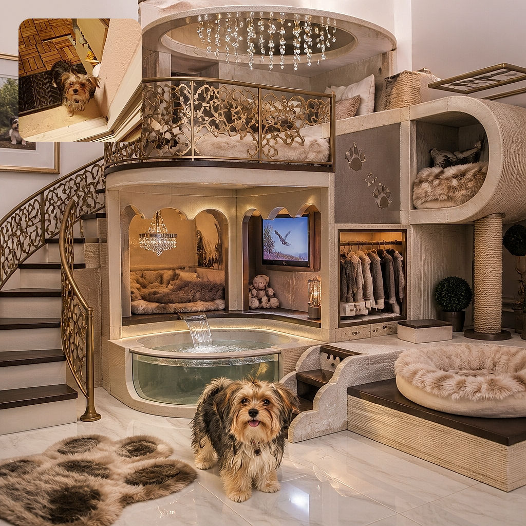 A scruffy little dog looks up from the doorway like a tiny, fuzzy security guard inspecting the visitor, with one paw poised on the threshold and a wooden patio waiting behind it.