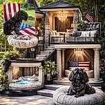 A fluffy black dog with cute bows on its ears poses on a table draped with an American flag, with a large flag backdrop and a lush green yard behind. The dog's eyes reflect the camera flash, giving it a glowing, slightly spooky look.