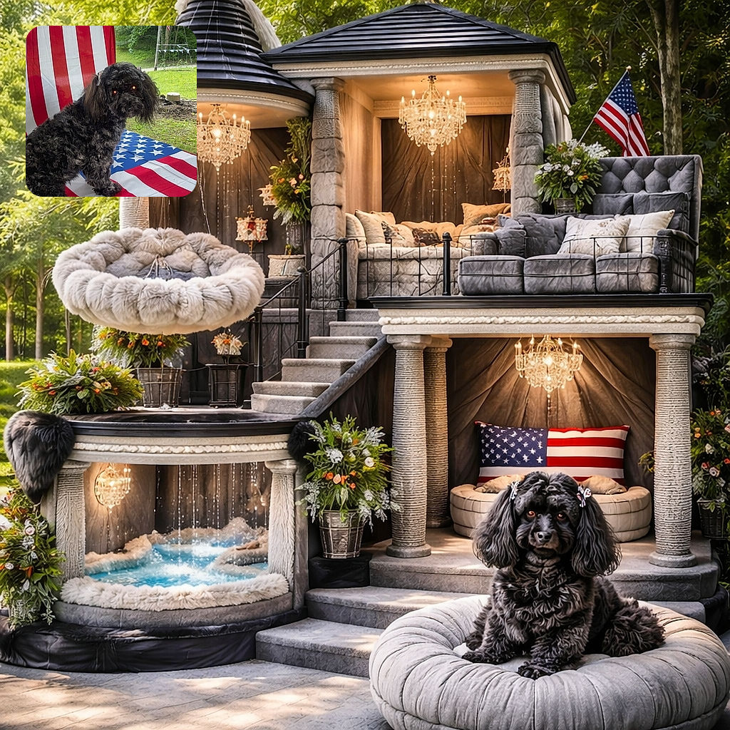 A fluffy black dog with cute bows on its ears poses on a table draped with an American flag, with a large flag backdrop and a lush green yard behind. The dog's eyes reflect the camera flash, giving it a glowing, slightly spooky look.