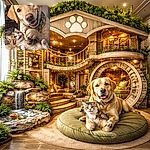 A giant-goofball labrador smiles ear-to-ear like a canine influencer while gently cradling a wide-eyed, dramatic kitten — the dog’s paw wrapped protectively around the tiny fluffball. Cozy indoor scene with a camo bandana, colorful cat toys and warm soft light that makes every whisker and fur tuft pop. It’s the sweetest unlikely duo: one big goof, one tiny diva.