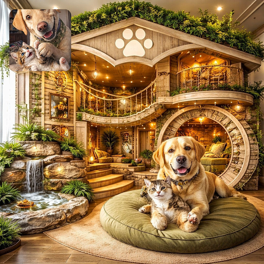 A giant-goofball labrador smiles ear-to-ear like a canine influencer while gently cradling a wide-eyed, dramatic kitten — the dog’s paw wrapped protectively around the tiny fluffball. Cozy indoor scene with a camo bandana, colorful cat toys and warm soft light that makes every whisker and fur tuft pop. It’s the sweetest unlikely duo: one big goof, one tiny diva.