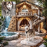 A striking husky with piercing blue eyes and a black bandana stands on a tiled floor, surrounded by household items and a colorful children's toy, looking ready for an adventure or maybe just a snack.