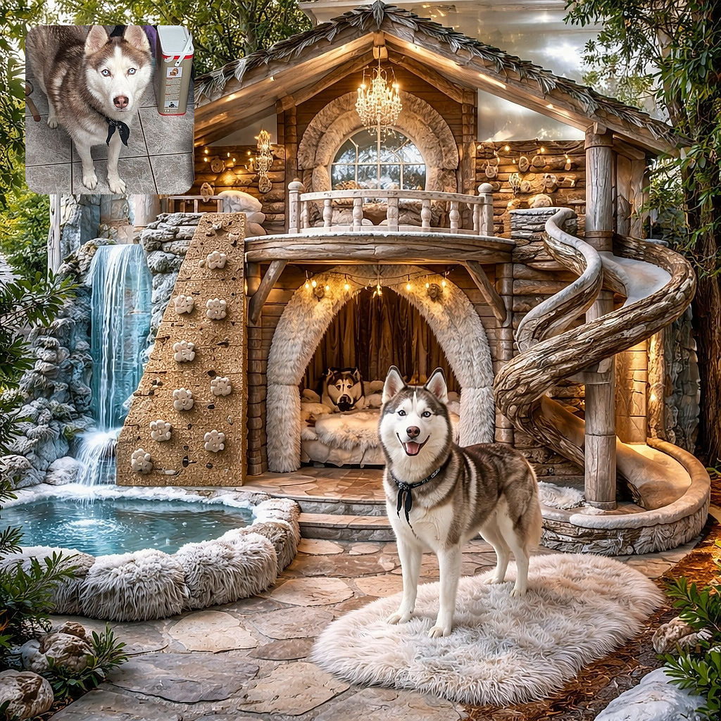 A striking husky with piercing blue eyes and a black bandana stands on a tiled floor, surrounded by household items and a colorful children's toy, looking ready for an adventure or maybe just a snack.
