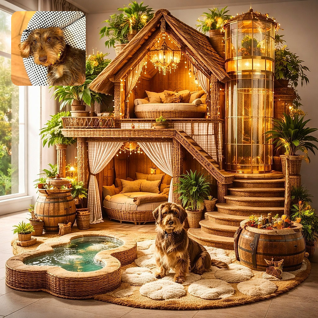 A charming wire-haired dog with soulful eyes lounging on a black and white checkered cushion, looking up with an expression that says 'Did you just say treat?' The warm wooden floor adds a cozy vibe to this close-up shot.